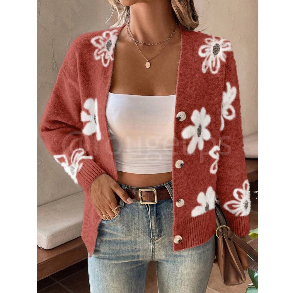 Redwood Cardigan Knit Flower Textured Button Front Stretchy, Soft - Picture 6 of 9